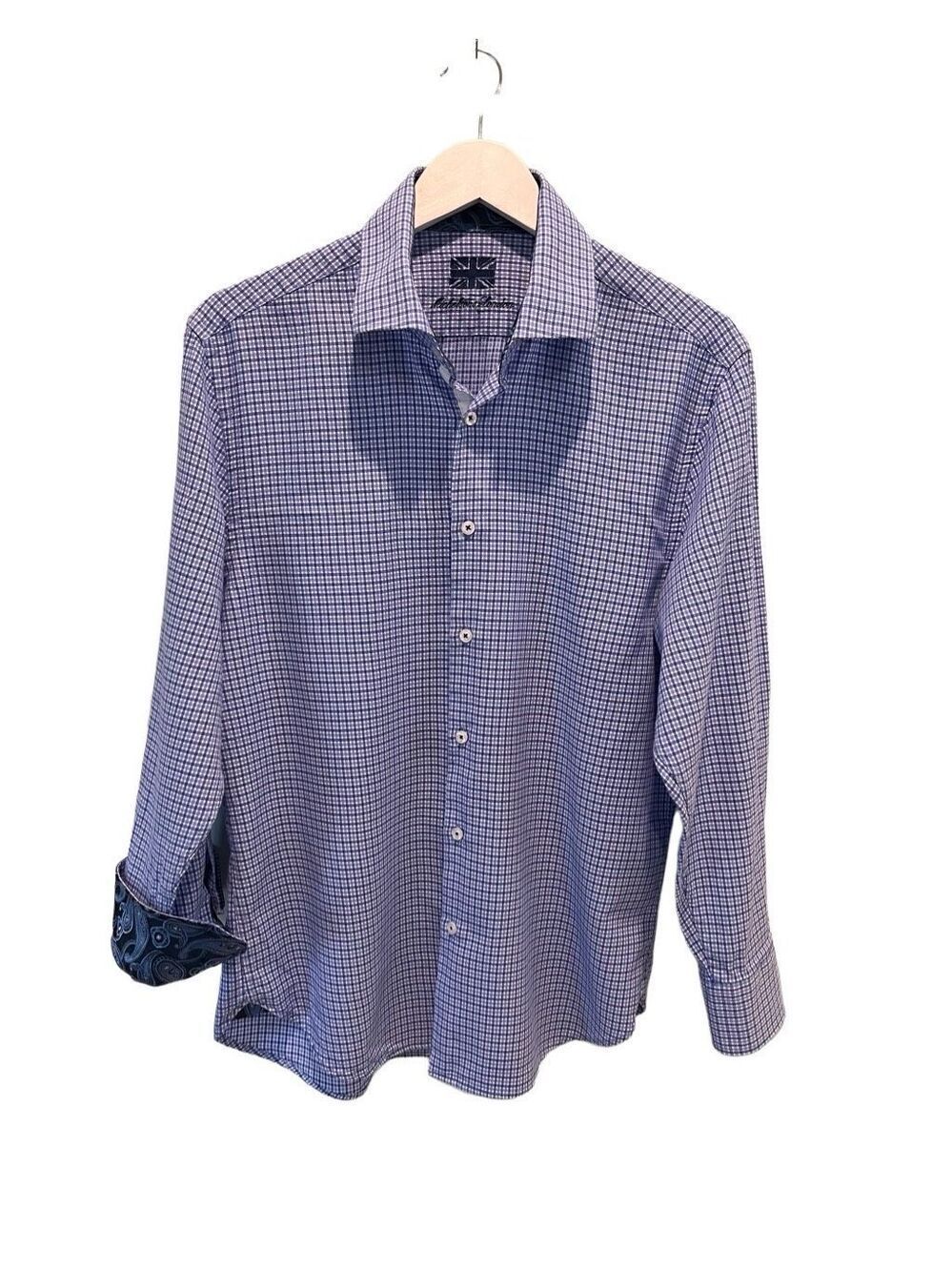 Michelsons London blue and white plaid 100% cotton button down shirt with paisle